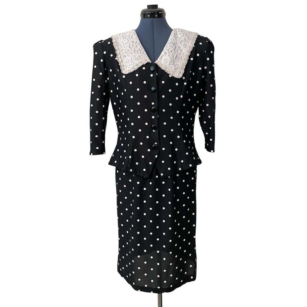 Vtg Black White Polka Dot Lace Bib Blouse Skirt Set Victorian Wednesday Addams S
